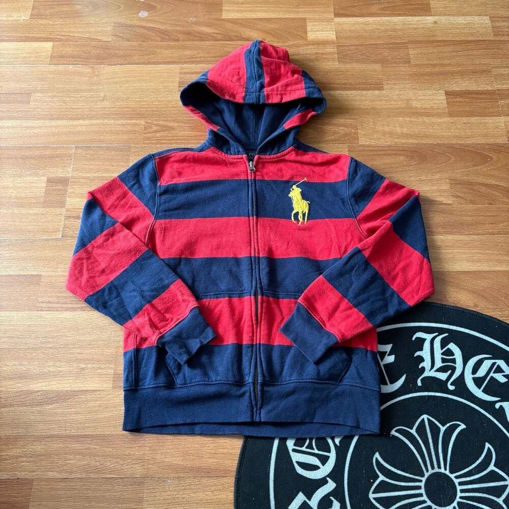 Polo Ralph Lauren Kids Red Navy Blue Striped Big Yellow Pony Hoodie M (10-12)